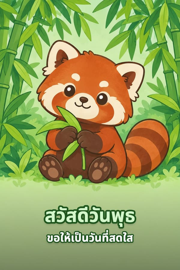 สวัสดีวันพุธ ขอให้เป็นวันที่สดใส – แพนด้าแดงนั่งถือใบไผ่กลางป่าไผ่สีเขียว