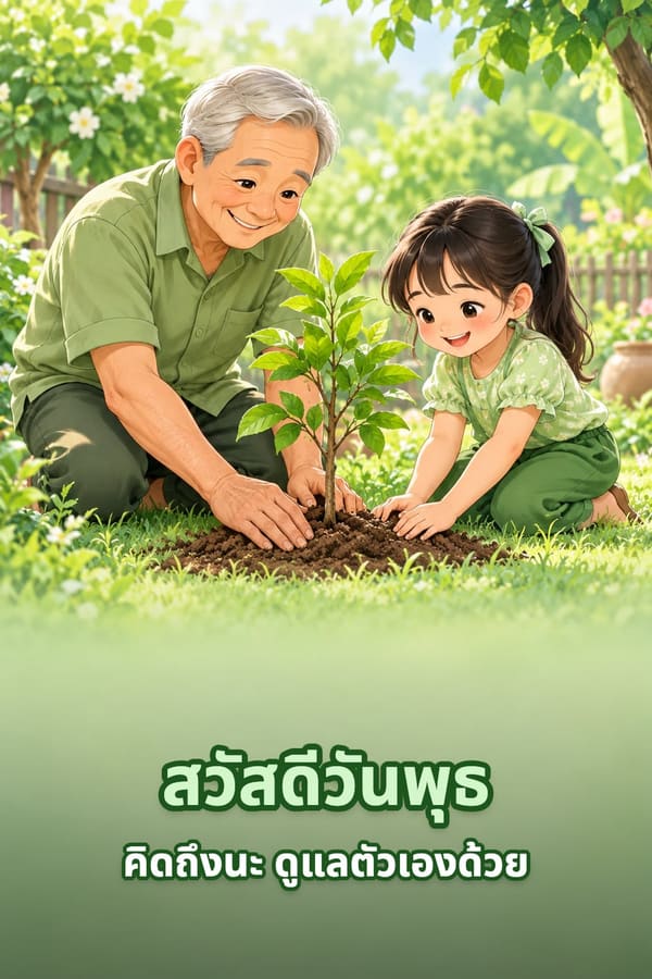 สวัสดีวันพุธ คิดถึงนะ ดูแลตัวเองด้วย – คุณตากับหลานสาวช่วยกันปลูกต้นไม้เล็กในสวน