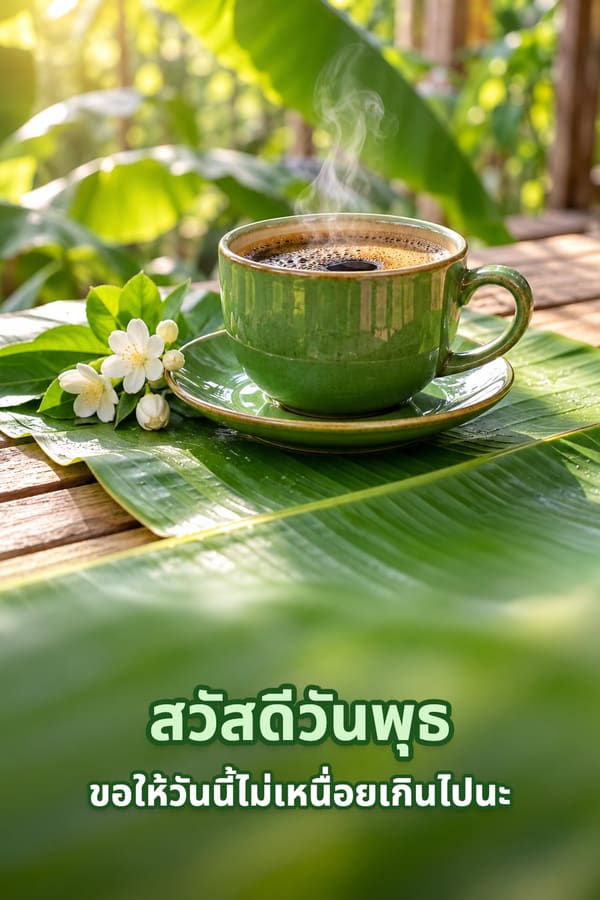 สวัสดีวันพุธ ขอให้วันนี้ไม่เหนื่อยเกินไปนะ – กาแฟร้อนในถ้วยสีเขียวบนใบตองข้างดอกมะลิ