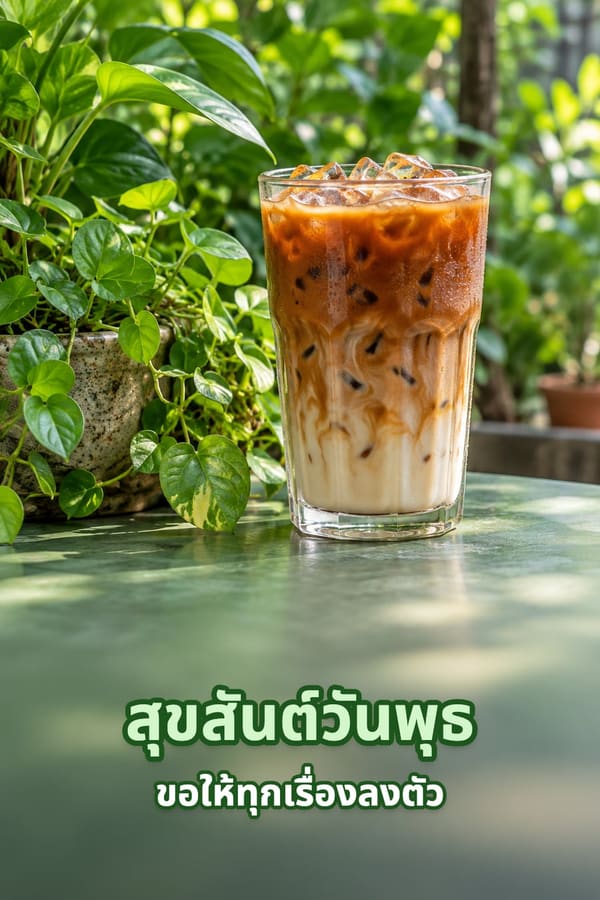 สุขสันต์วันพุธ ขอให้ทุกเรื่องลงตัว – กาแฟเย็นใส่นมในแก้วใสบนโต๊ะข้างกระถางพลูด่าง