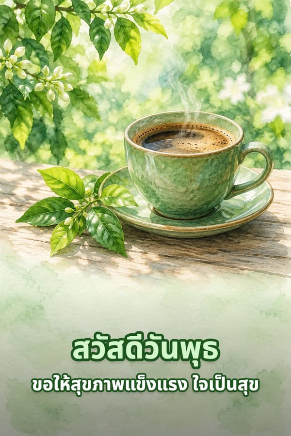 สวัสดีวันพุธ ขอให้สุขภาพแข็งแรง ใจเป็นสุข – ถ้วยกาแฟสีเขียวอ่อนกับกิ่งใบไม้บนโต๊ะไม้แบบภาพสีน้ำ