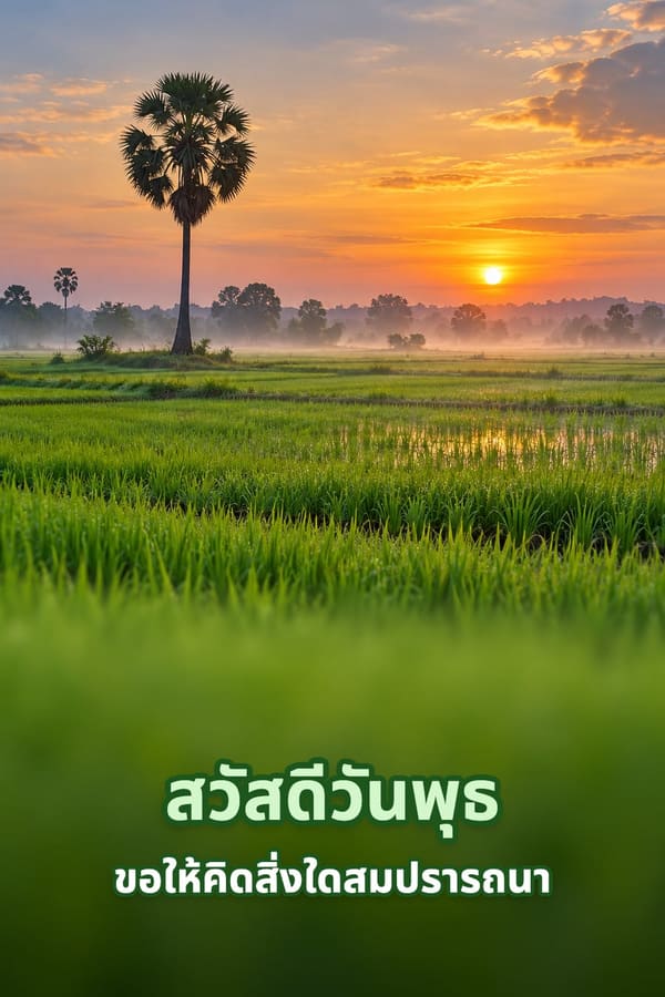 สวัสดีวันพุธ ขอให้คิดสิ่งใดสมปรารถนา – ทุ่งนาเขียวกับต้นตาลโตนดยามพระอาทิตย์ขึ้นมีหมอกบาง
