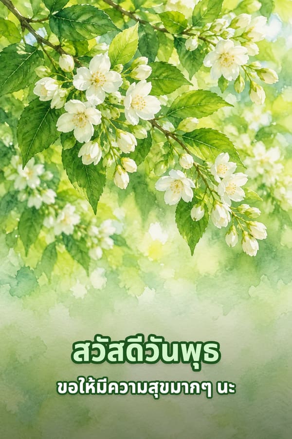 สวัสดีวันพุธ ขอให้มีความสุขมากๆ นะ – ดอกไม้สีขาวบานท่ามกลางใบไม้สีเขียวสดแบบภาพสีน้ำ
