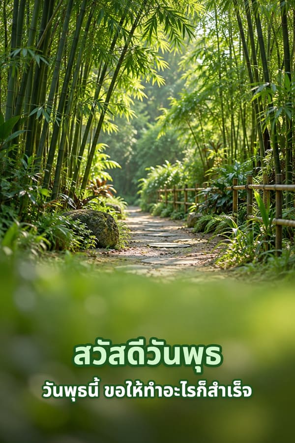 สวัสดีวันพุธ วันพุธนี้ ขอให้ทำอะไรก็สำเร็จ – ทางเดินหินในป่าไผ่สีเขียวรับแสงยามเช้า