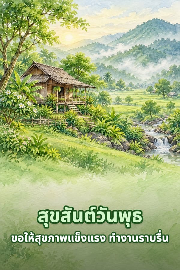 สุขสันต์วันพุธ ขอให้สุขภาพแข็งแรง ทำงานราบรื่น – บ้านไม้ใต้ถุนสูงกลางหุบเขาเขียวกับลำธารในหมอกยามเช้า