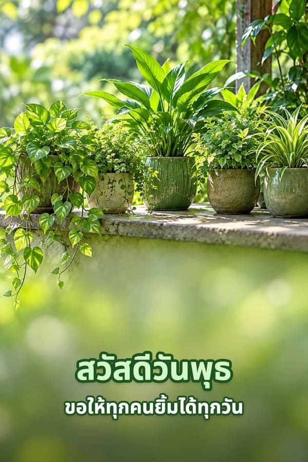 สวัสดีวันพุธ ขอให้ทุกคนยิ้มได้ทุกวัน – กระถางต้นไม้สีเขียวเรียงบนขอบระเบียงรับแดดยามเช้า