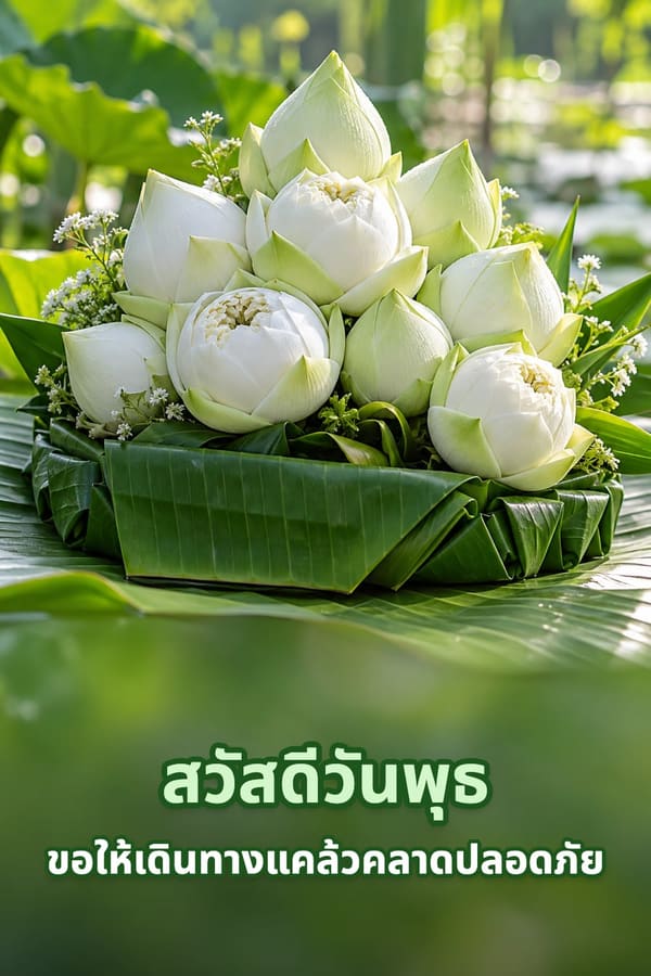 สวัสดีวันพุธ ขอให้เดินทางแคล้วคลาดปลอดภัย – ดอกบัวขาวพับกลีบจัดบนกระทงใบตอง