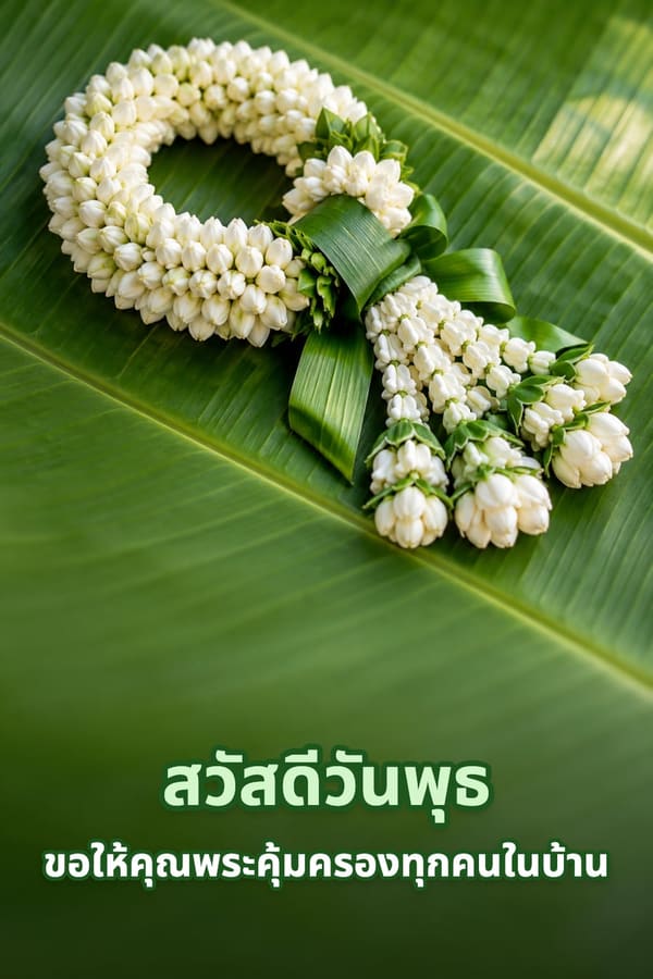 สวัสดีวันพุธ ขอให้คุณพระคุ้มครองทุกคนในบ้าน – พวงมาลัยดอกมะลิผูกโบใบไม้สีเขียววางบนใบตอง