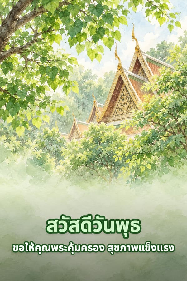 สวัสดีวันพุธ ขอให้คุณพระคุ้มครอง สุขภาพแข็งแรง – หลังคาโบสถ์ไทยช่อฟ้าสีทองหลังกิ่งต้นโพธิ์สีเขียวแบบภาพสีน้ำ