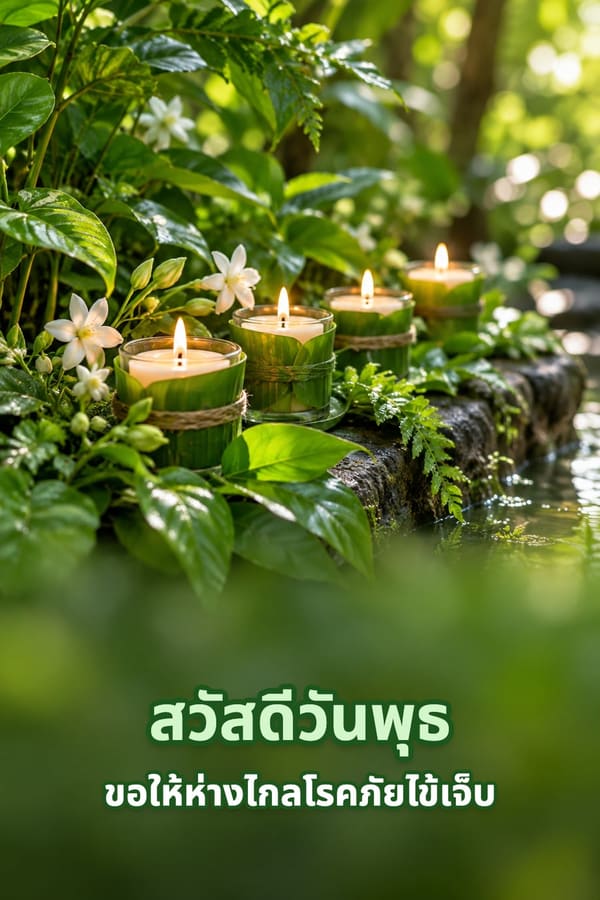 สวัสดีวันพุธ ขอให้ห่างไกลโรคภัยไข้เจ็บ – เทียนในแก้วห่อใบตองเรียงริมลำธารกับดอกไม้สีขาว