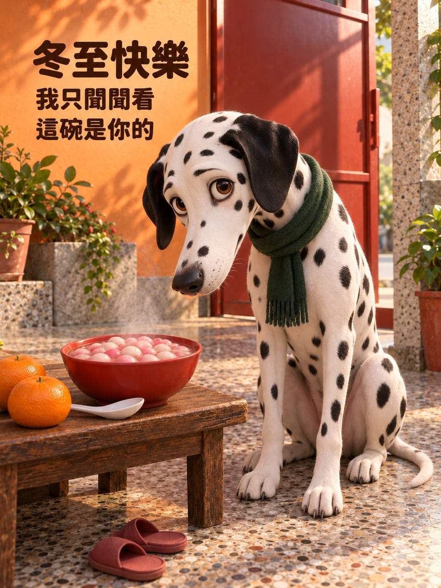 大麥町犬湊近聞一碗湯圓。圖中文字：冬至快樂，我只聞聞看，這碗是你的