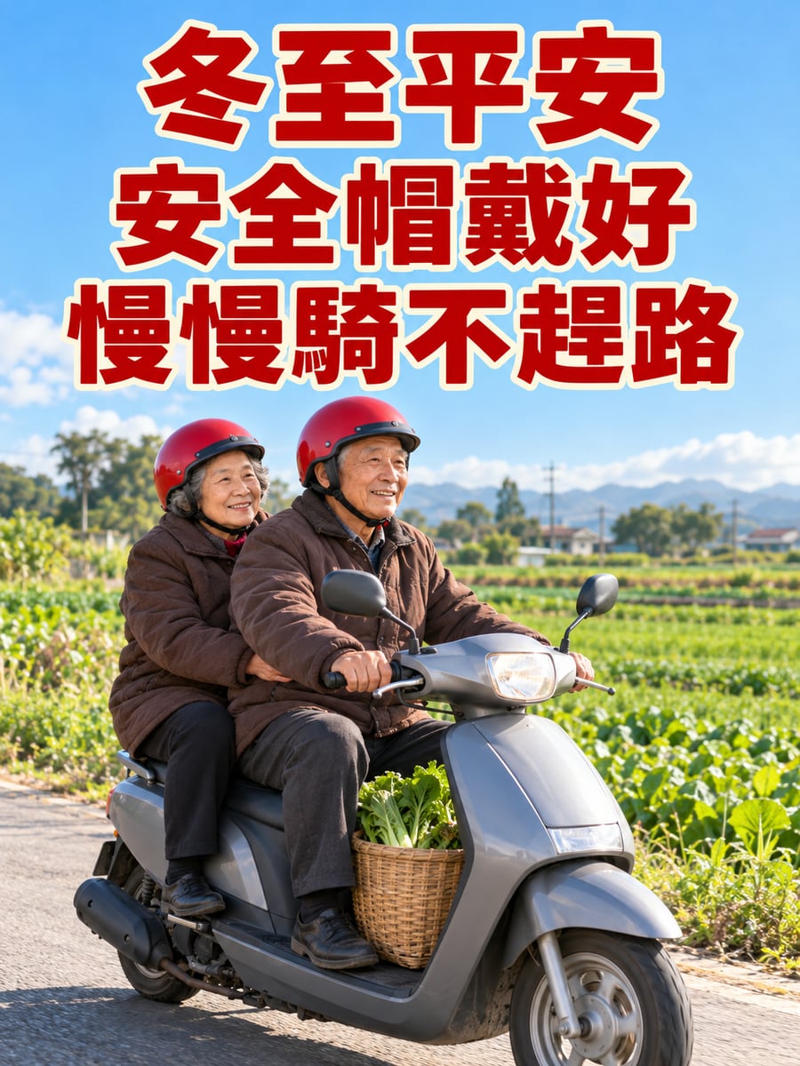 阿公騎車載阿嬤去市場。圖中文字：冬至平安，安全帽戴好，慢慢騎不趕路