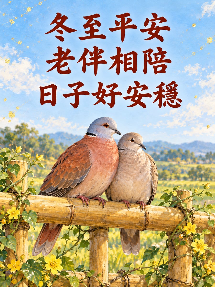 竹籬上的紅鳩夫妻。圖中文字：冬至平安，老伴相陪，日子好安穩