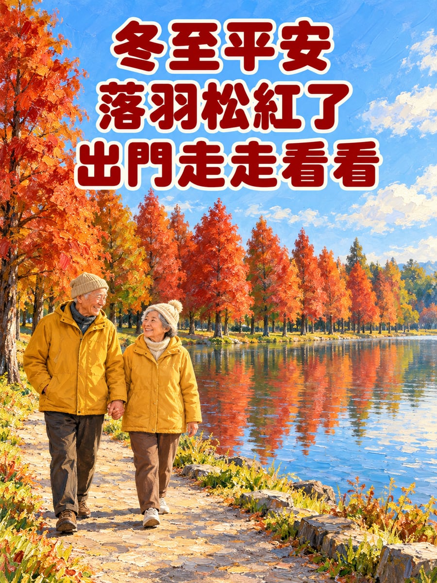 落羽松轉紅的水塘。圖中文字：冬至平安，落羽松紅了，出門走走看看