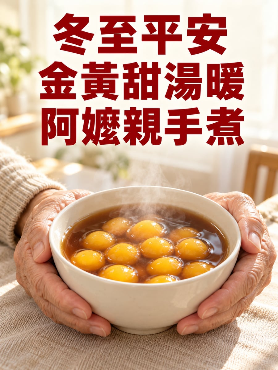 南瓜湯圓的金黃甜湯。圖中文字：冬至平安，金黃甜湯暖，阿嬤親手煮