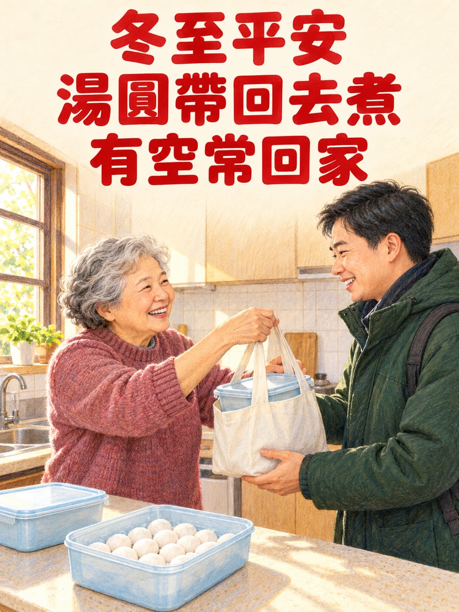 阿嬤把湯圓分裝讓孩子帶走。圖中文字：冬至平安，湯圓帶回去煮，有空常回家