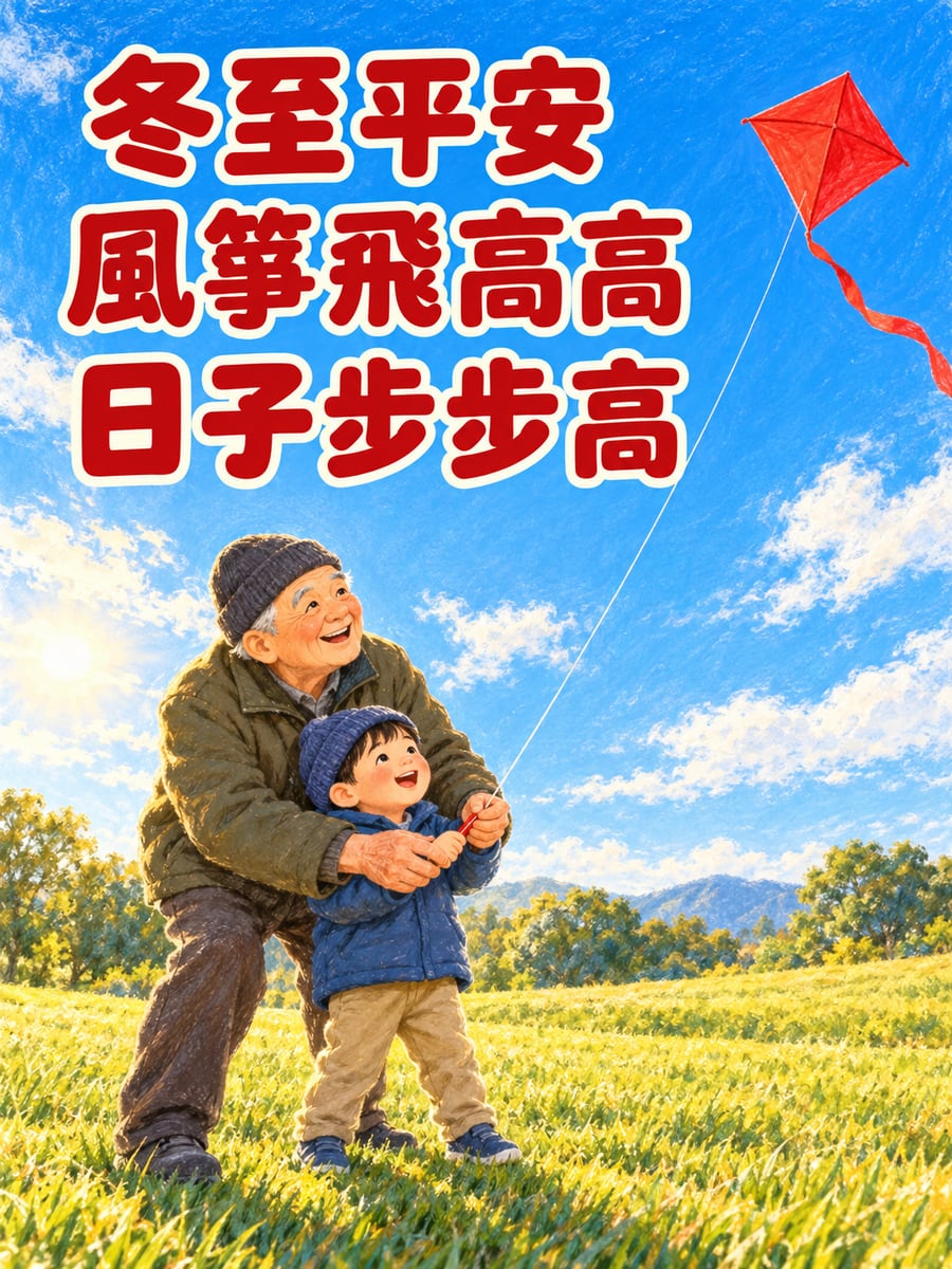 阿公教孫子放風箏。圖中文字：冬至平安，風箏飛高高，日子步步高