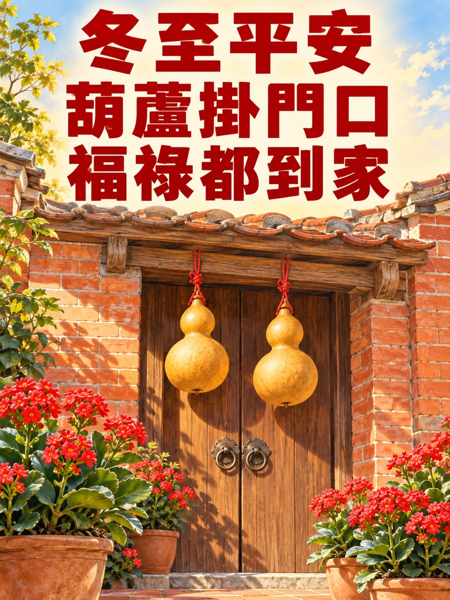 老厝門口掛著葫蘆。圖中文字：冬至平安，葫蘆掛門口，福祿都到家