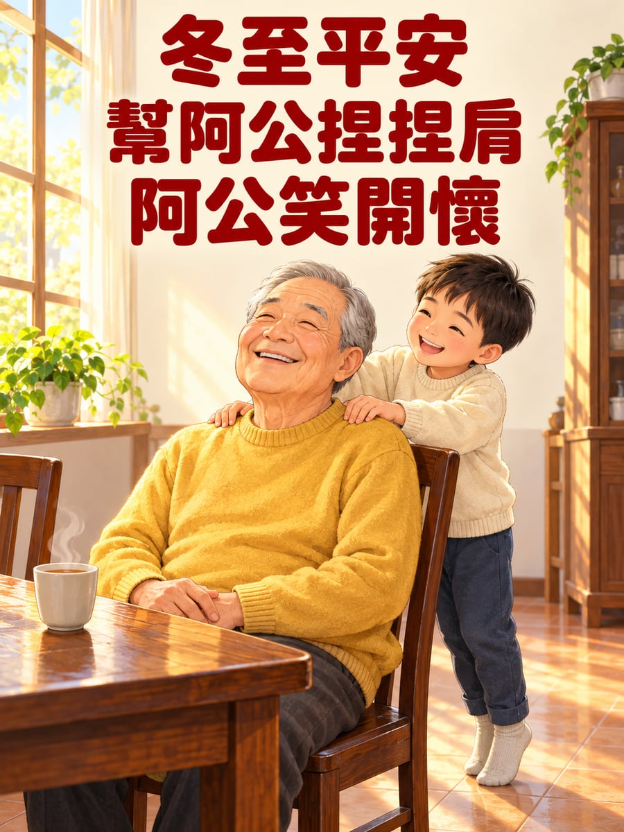 孫子替阿公捏捏肩。圖中文字：冬至平安，幫阿公捏捏肩，阿公笑開懷