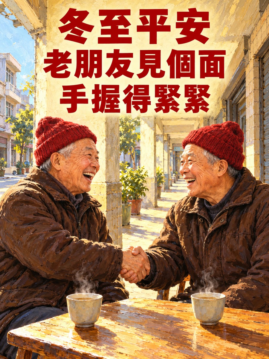 老朋友騎樓重逢握手。圖中文字：冬至平安，老朋友見個面，手握得緊緊
