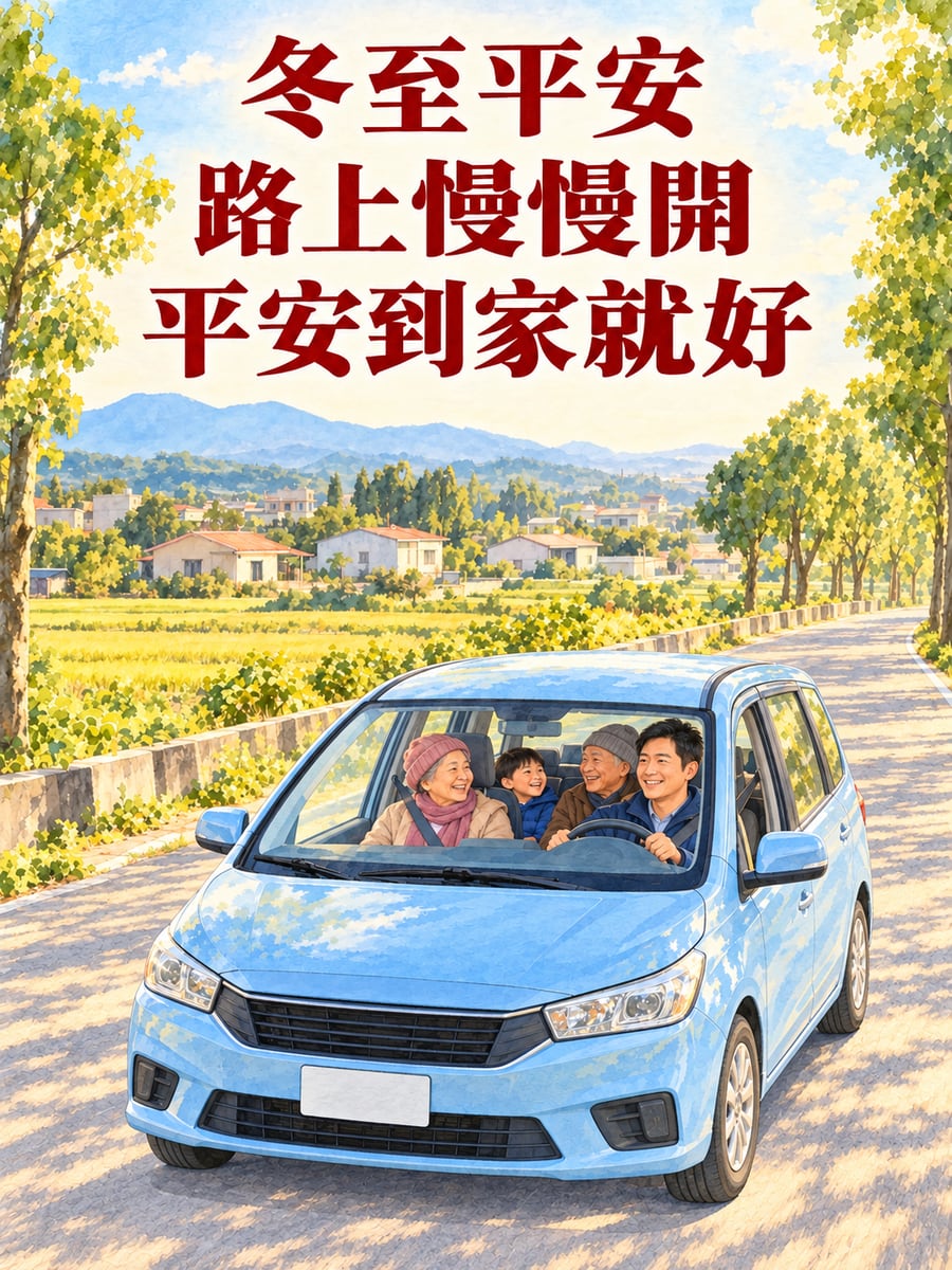 開車載爸媽回老家。圖中文字：冬至平安，路上慢慢開，平安到家就好