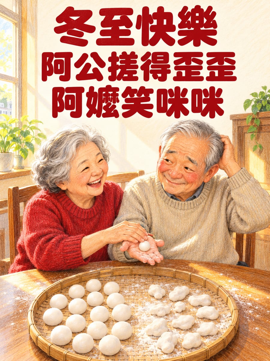 阿嬤教阿公搓湯圓。圖中文字：冬至快樂，阿公搓得歪歪，阿嬤笑咪咪