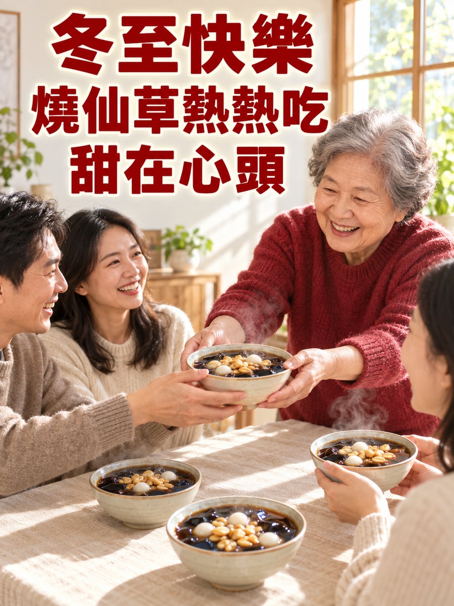 阿嬤端上燒仙草加湯圓。圖中文字：冬至快樂，燒仙草熱熱吃，甜在心頭