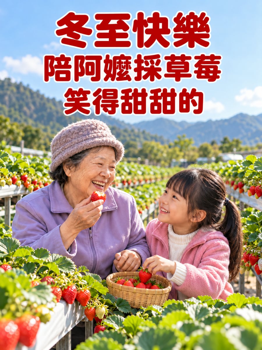 陪阿嬤採草莓。圖中文字：冬至快樂，陪阿嬤採草莓，笑得甜甜的
