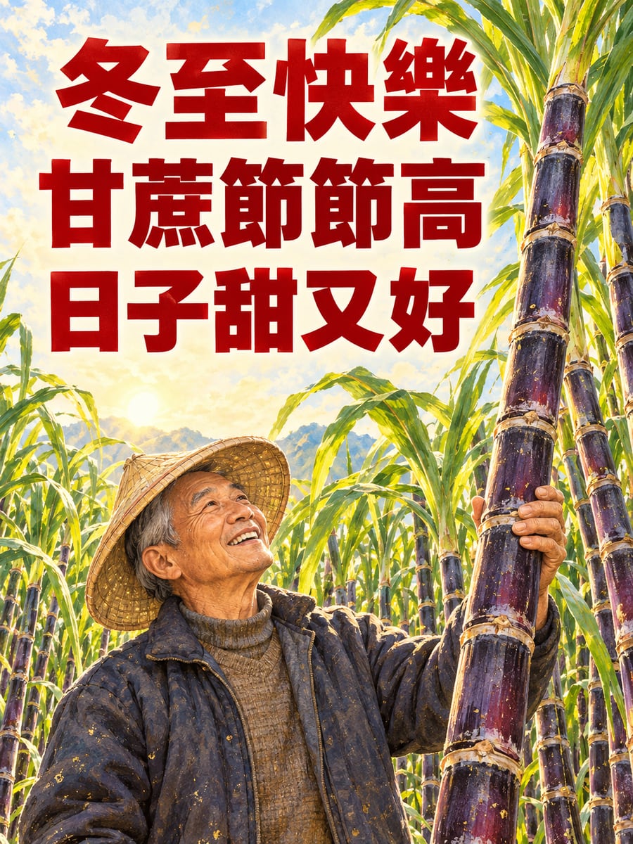 甘蔗節節高。圖中文字：冬至快樂，甘蔗節節高，日子甜又好