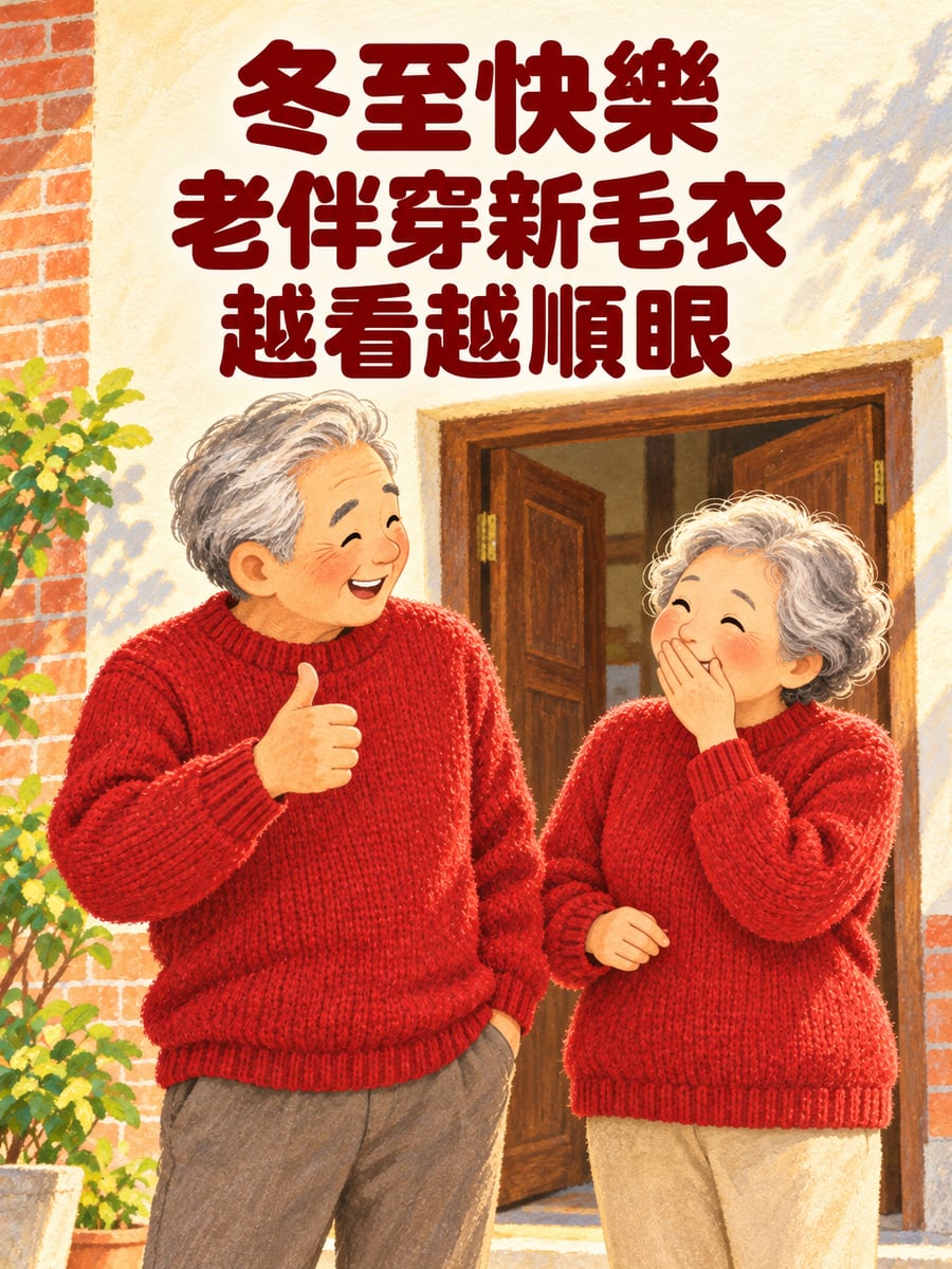 老夫妻穿上同款新毛衣。圖中文字：冬至快樂，老伴穿新毛衣，越看越順眼