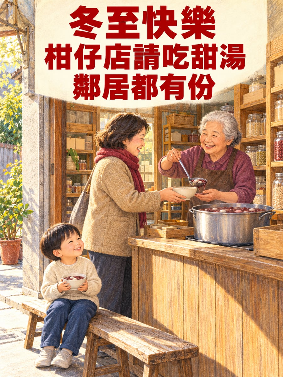 柑仔店請鄰居吃甜湯。圖中文字：冬至快樂，柑仔店請吃甜湯，鄰居都有份