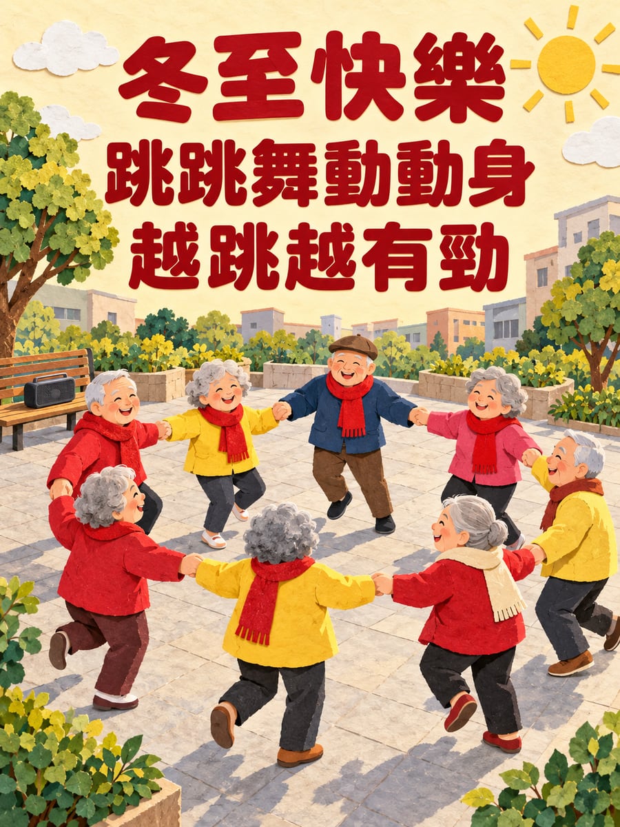 長輩手牽手跳土風舞。圖中文字：冬至快樂，跳跳舞動動身，越跳越有勁