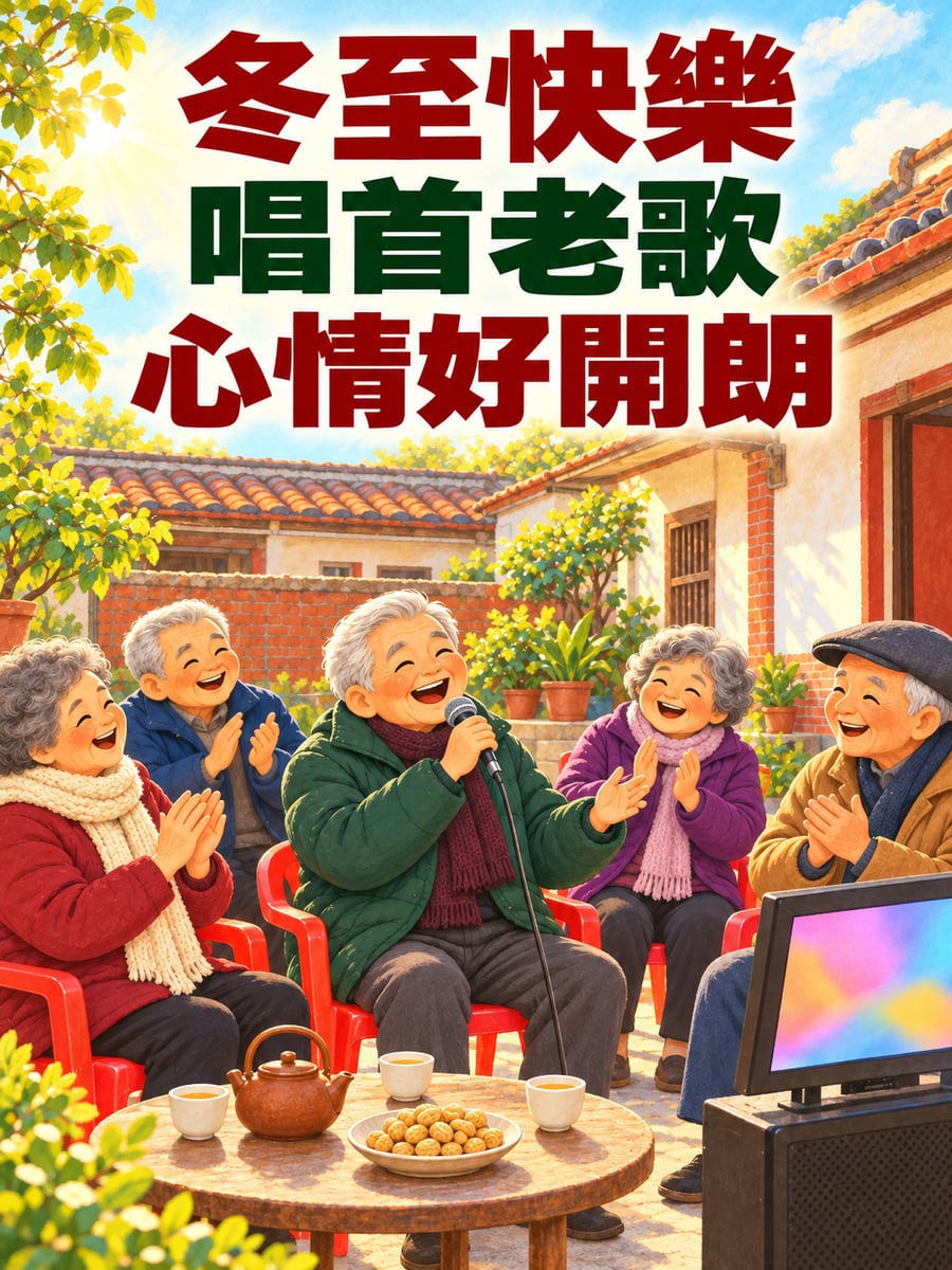 院子裡唱老歌。圖中文字：冬至快樂，唱首老歌，心情好開朗