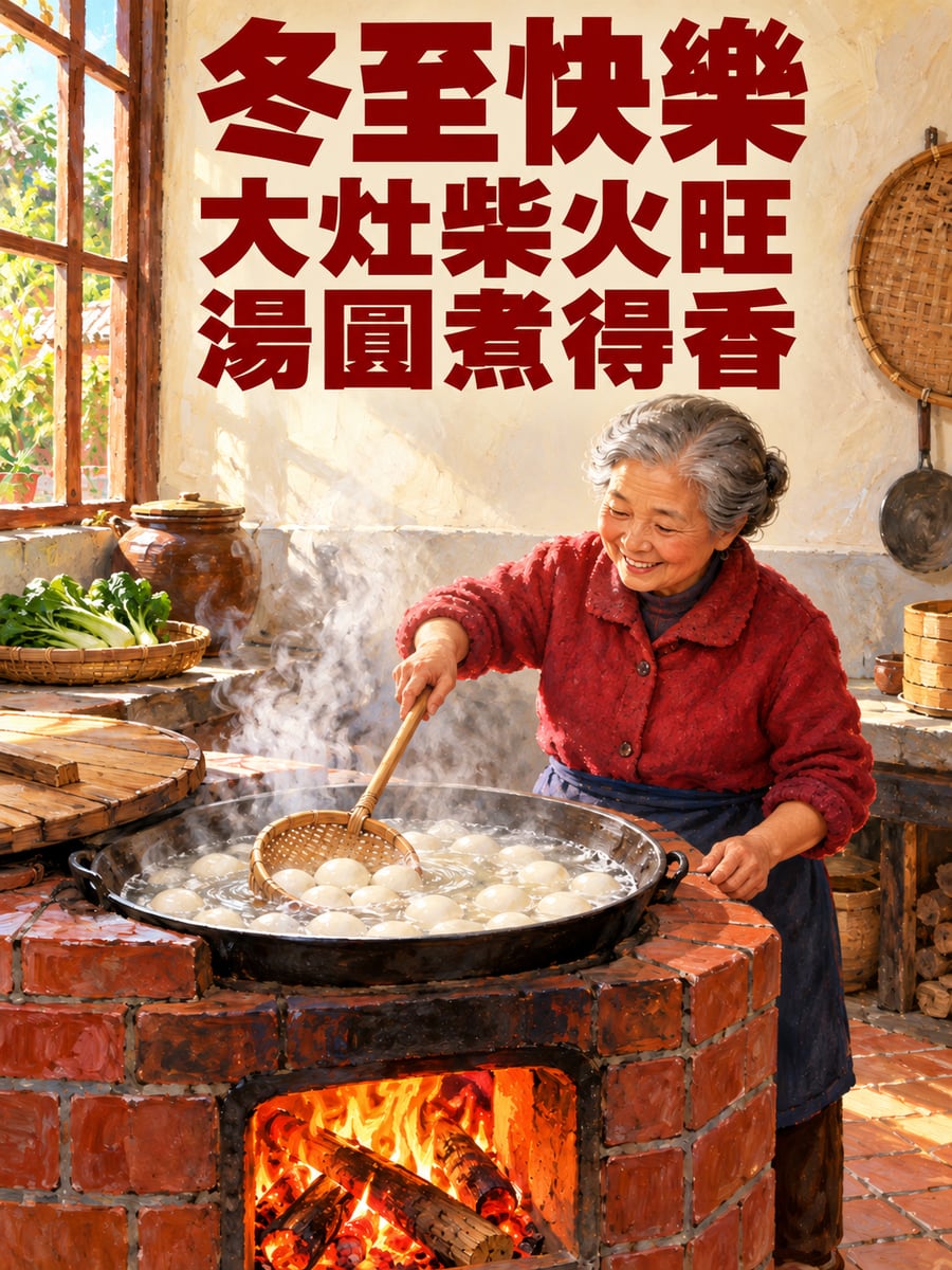 大灶柴火煮湯圓。圖中文字：冬至快樂，大灶柴火旺，湯圓煮得香