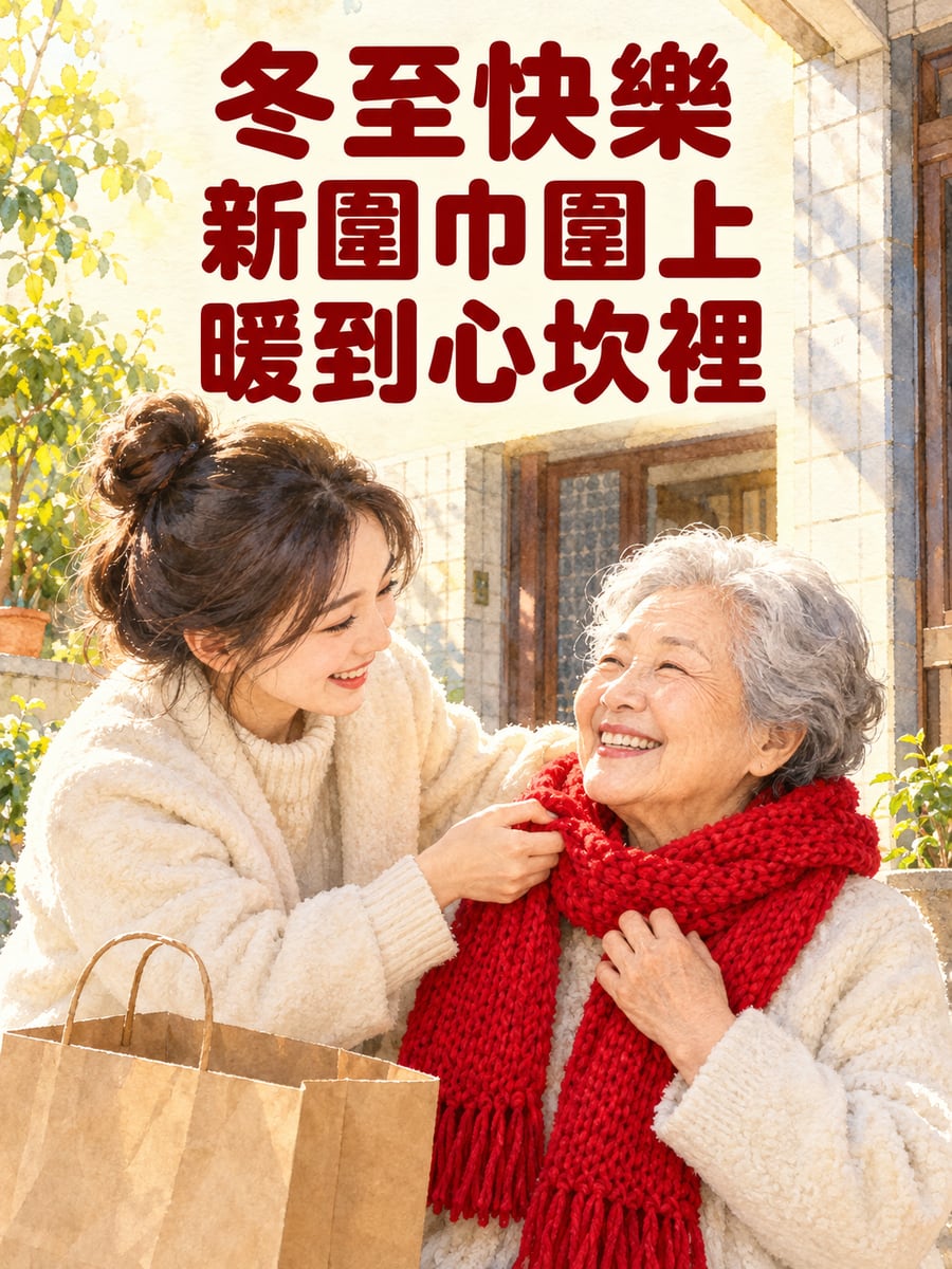 孫女替阿嬤圍新圍巾。圖中文字：冬至快樂，新圍巾圍上，暖到心坎裡