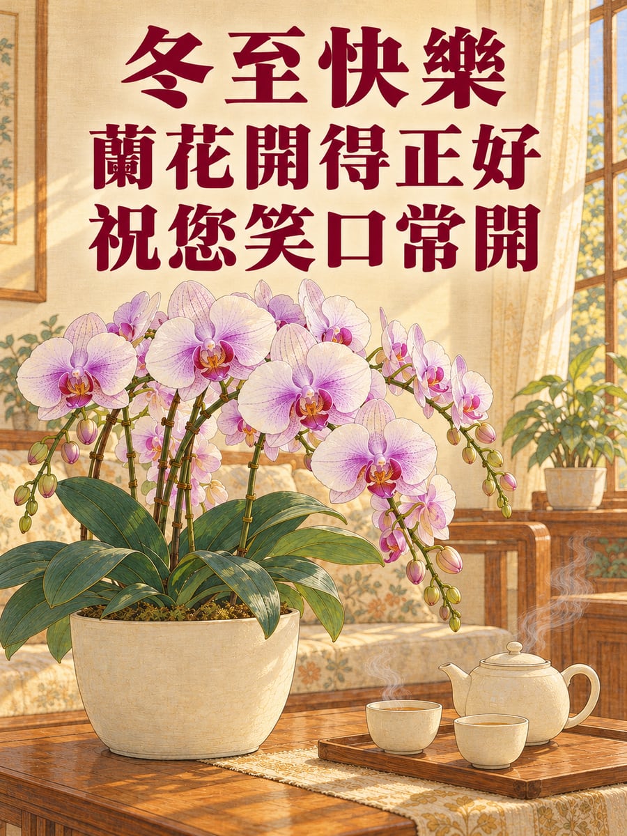 盛開的蝴蝶蘭盆花。圖中文字：冬至快樂，蘭花開得正好，祝您笑口常開