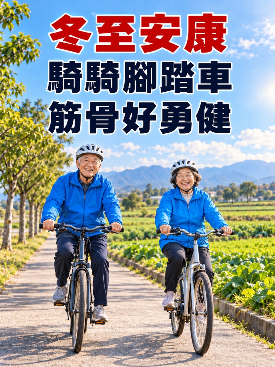 騎腳踏車的老夫妻。圖中文字：冬至安康，騎騎腳踏車，筋骨好勇健