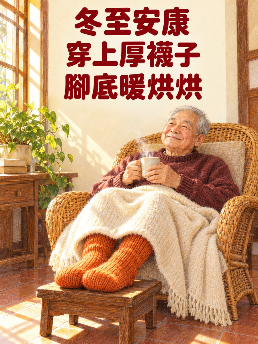 穿上手織厚毛襪。圖中文字：冬至安康，穿上厚襪子，腳底暖烘烘