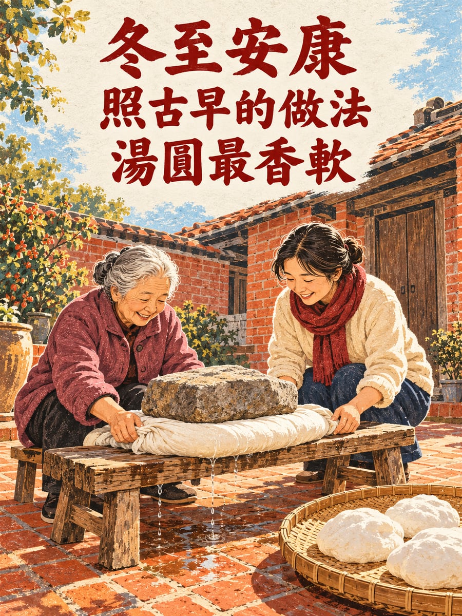 壓粿粞的古早做法。圖中文字：冬至安康，照古早的做法，湯圓最香軟