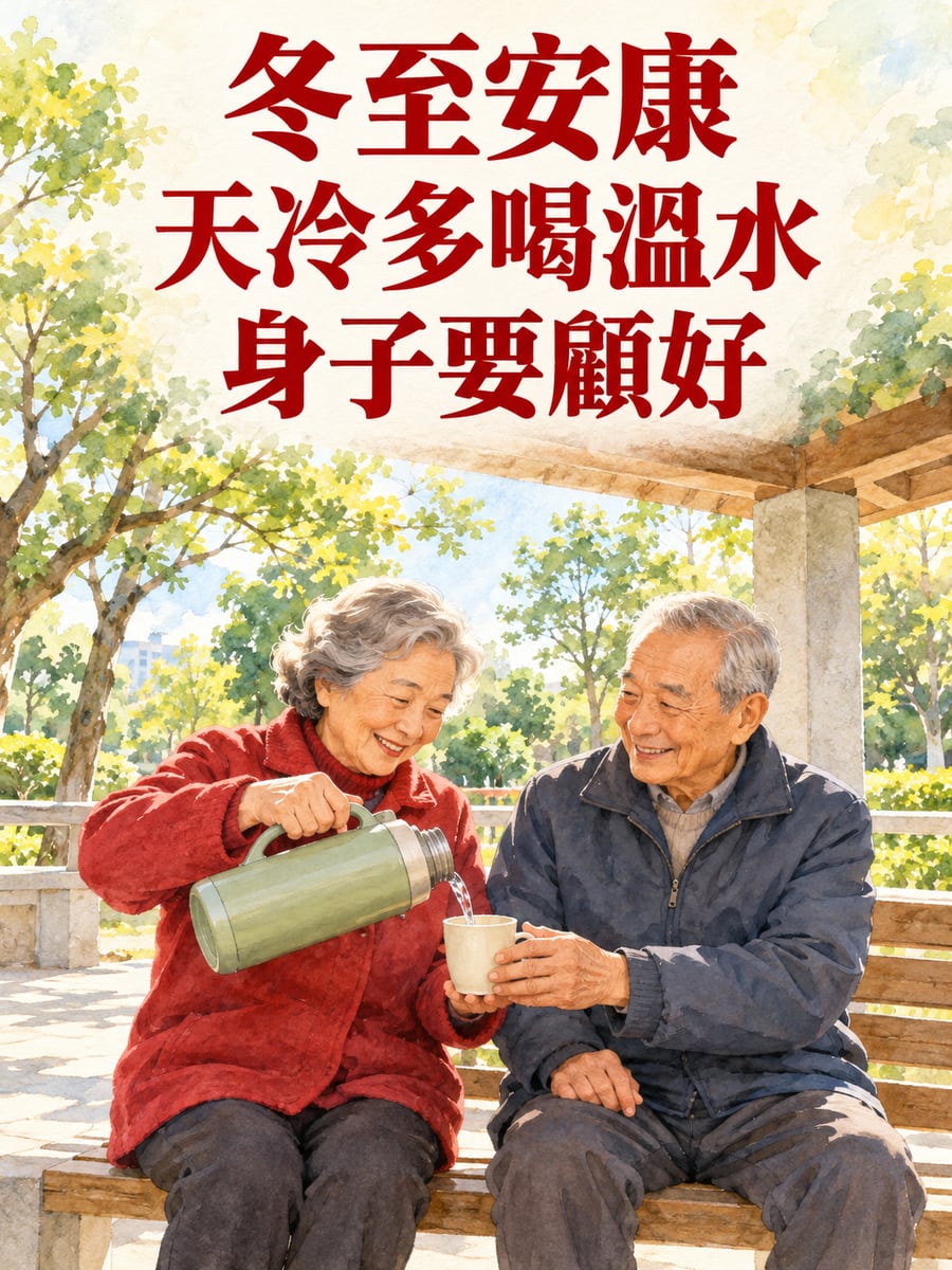 涼亭裡遞一杯溫開水。圖中文字：冬至安康，天冷多喝溫水，身子要顧好