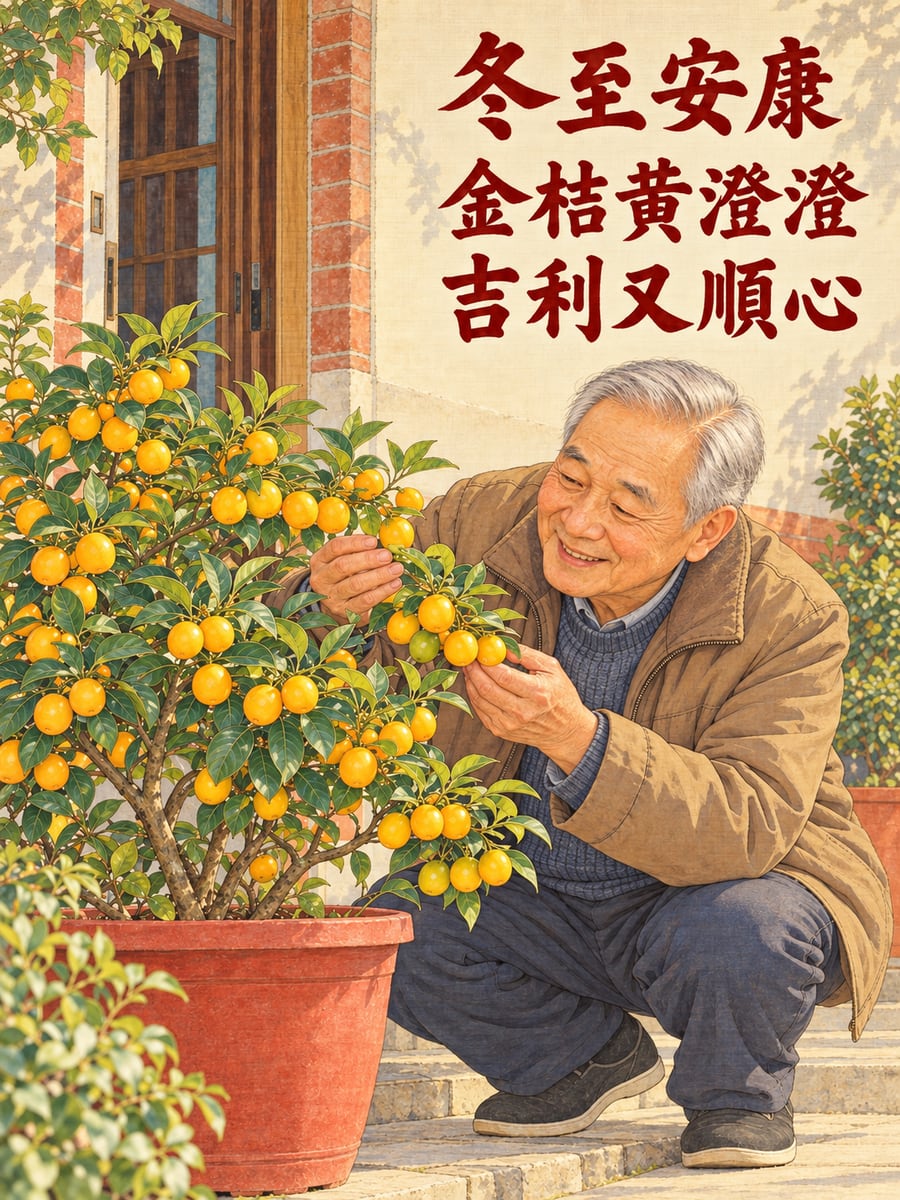結實纍纍的金桔盆栽。圖中文字：冬至安康，金桔黃澄澄，吉利又順心