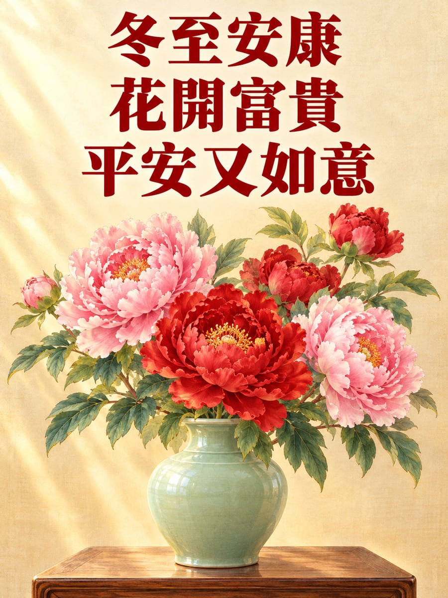 青瓷瓶裡的牡丹。圖中文字：冬至安康，花開富貴，平安又如意