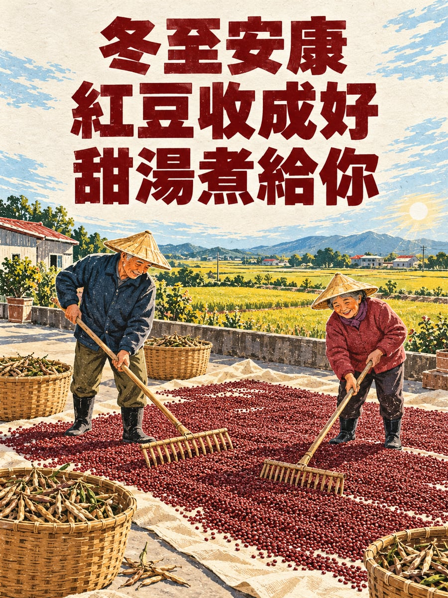 稻埕上耙紅豆。圖中文字：冬至安康，紅豆收成好，甜湯煮給你