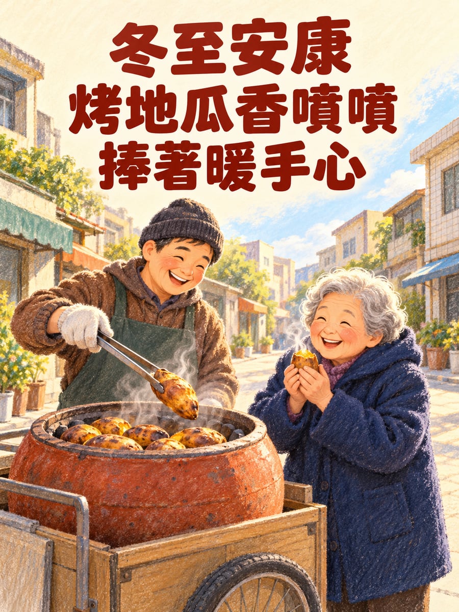 烤地瓜捧著暖手心。圖中文字：冬至安康，烤地瓜香噴噴，捧著暖手心