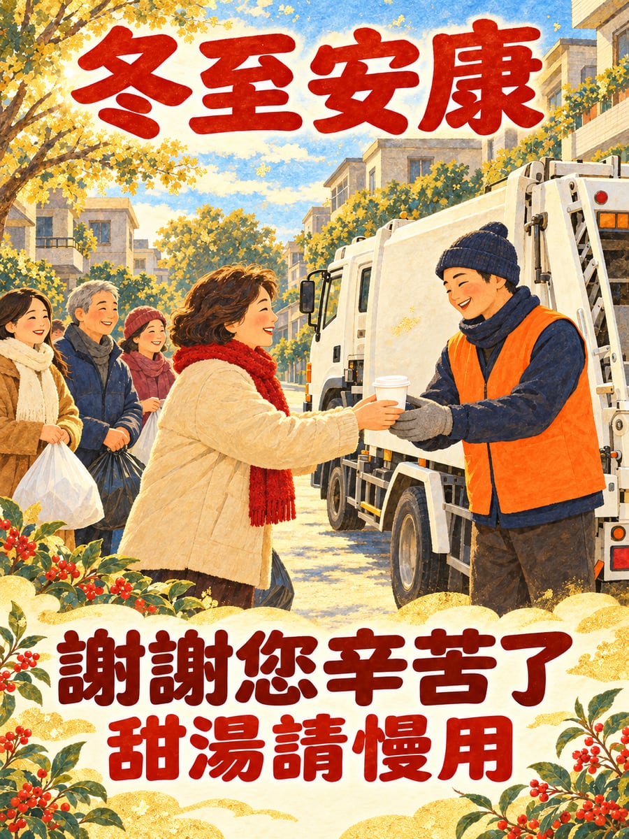送熱甜湯給清潔隊。圖中文字：冬至安康，謝謝您辛苦了，甜湯請慢用