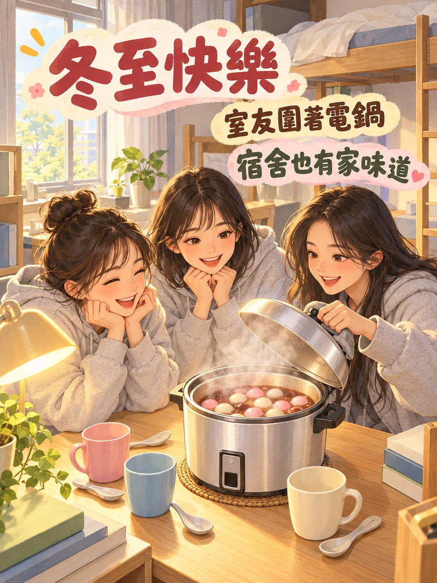 宿舍電鍋煮湯圓。圖中文字：冬至快樂，室友圍著電鍋，宿舍也有家味道