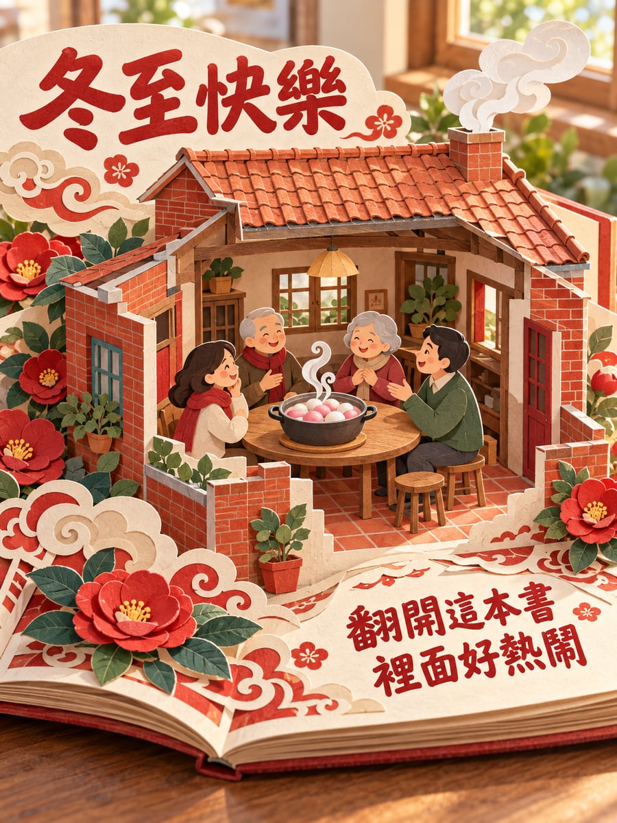 立體書裡的冬至小屋。圖中文字：冬至快樂，翻開這本書，裡面好熱鬧
