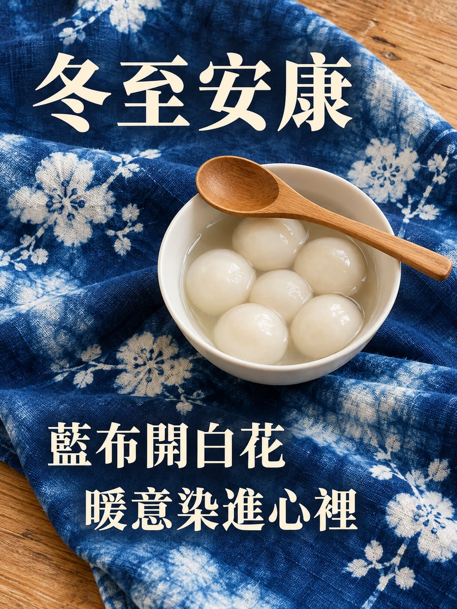 藍染布上的白花。圖中文字：冬至安康，藍布開白花，暖意染進心裡