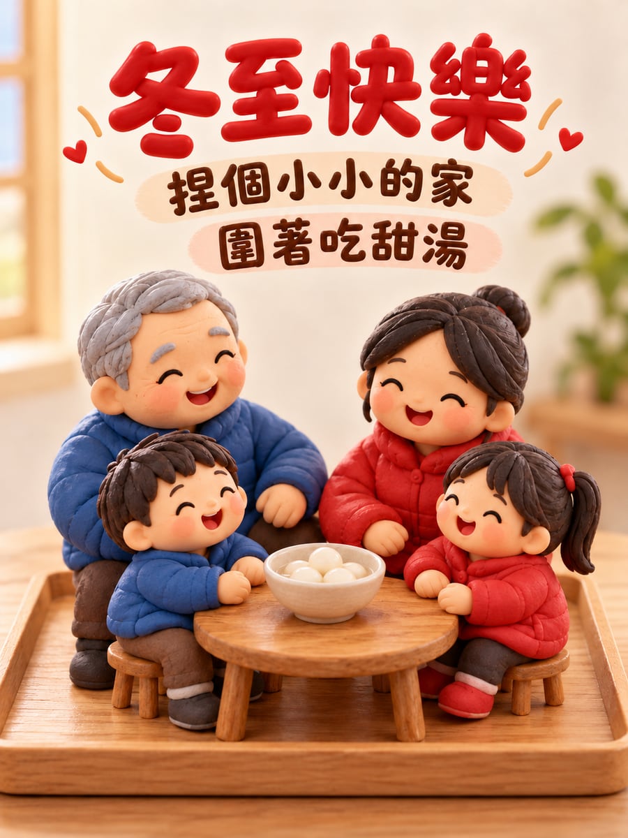 捏麵人一家過冬至。圖中文字：冬至快樂，捏個小小的家，圍著吃甜湯