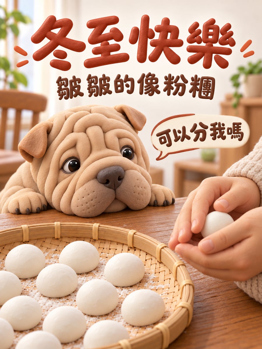 小沙皮盯著湯圓粉糰。圖中文字：冬至快樂，皺皺的像粉糰，可以分我嗎